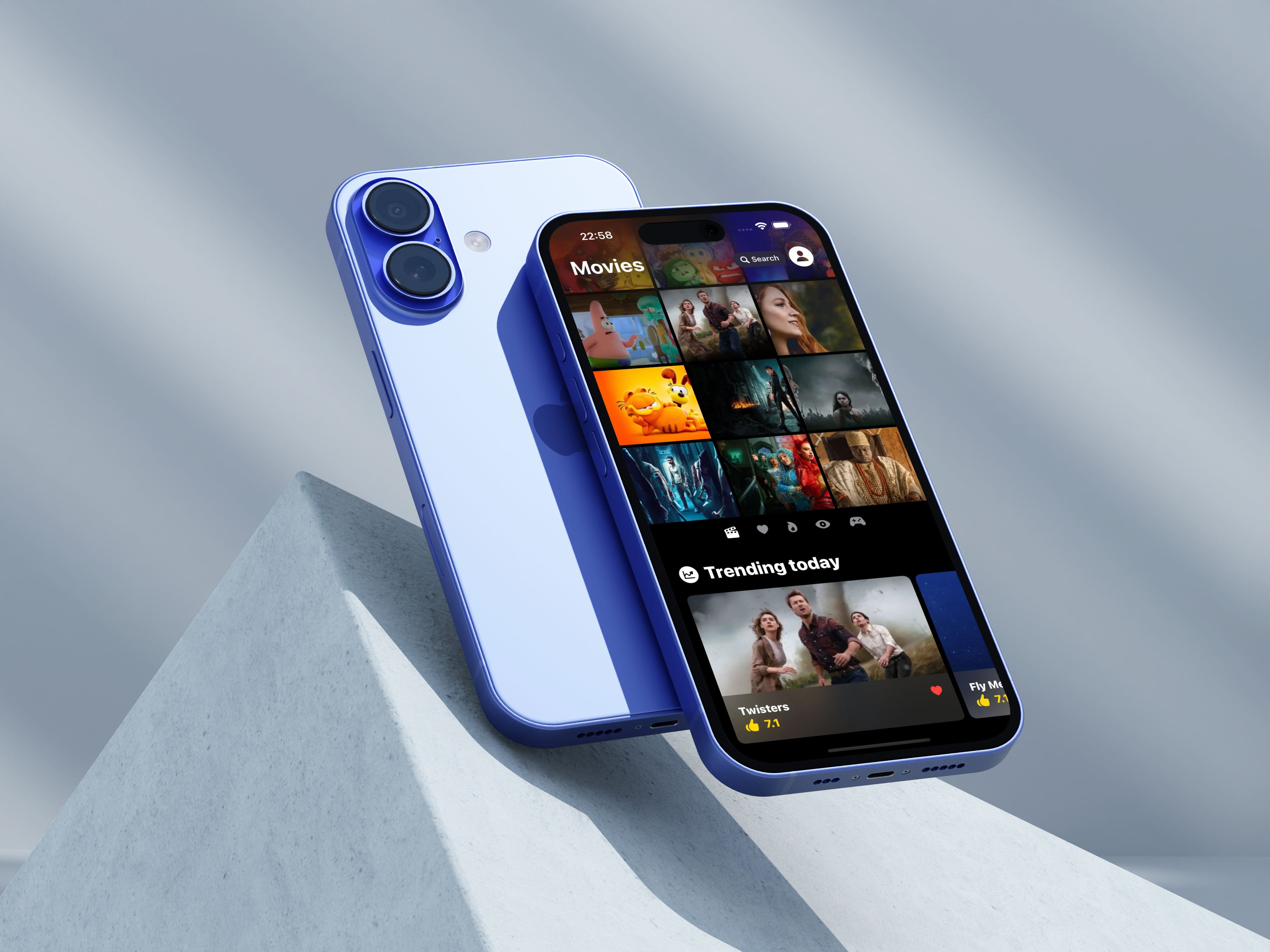 The MovieLookup app shown responsively on iPhone, iPad and Mac.