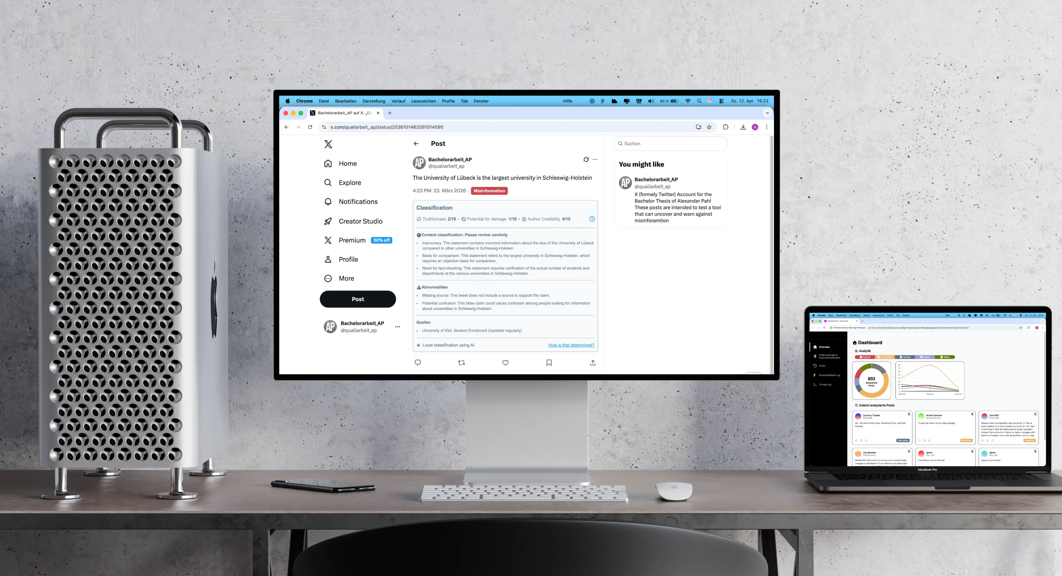 A minimalist workstation with a Mac Pro tower, a large central monitor, and a MacBook Pro. The central screen shows a web browser with a tool flagging a post about the University of Lübeck as 'Misinformation' providing scores for truthfulness and credibility. The laptop displays an analytics dashboard tracking over 800 analyzed posts with various credibility rankings.